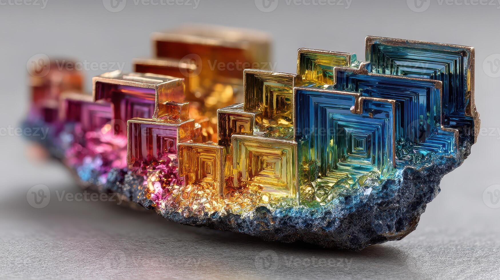 Colorful bismuth crystal formation showcasing unique geometric structures and vibrant hues in natural light photo