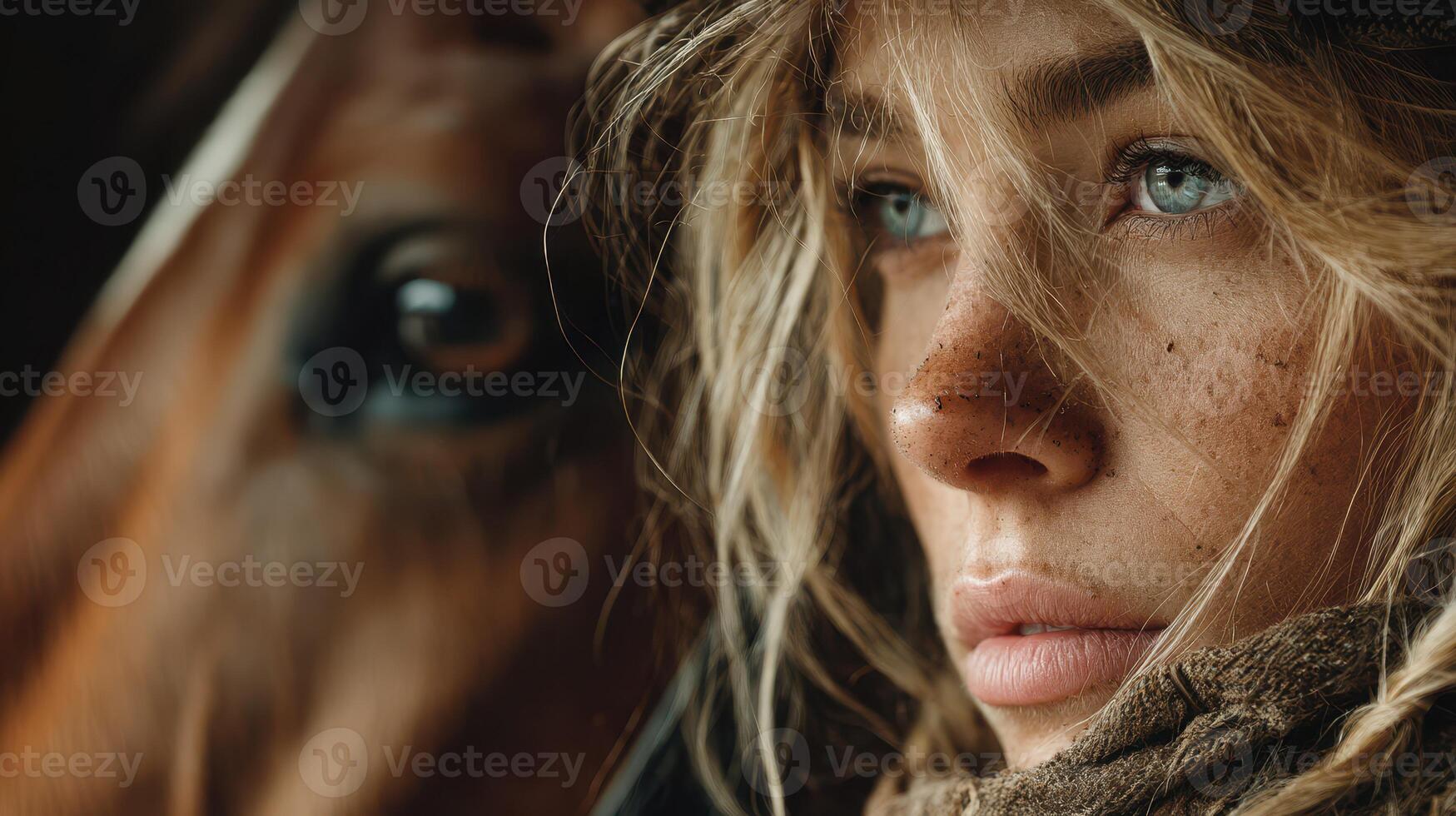 Girl with freckled face gazes thoughtfully beside a brown horse in a rustic setting photo
