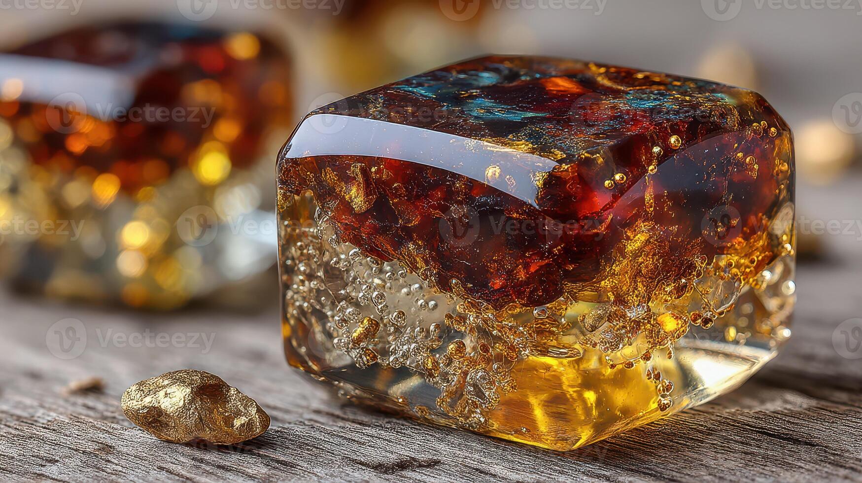 Colorful amber resin cubes shimmer on rustic wood, showcasing natural beauty and unique textures in detailed close-up view photo