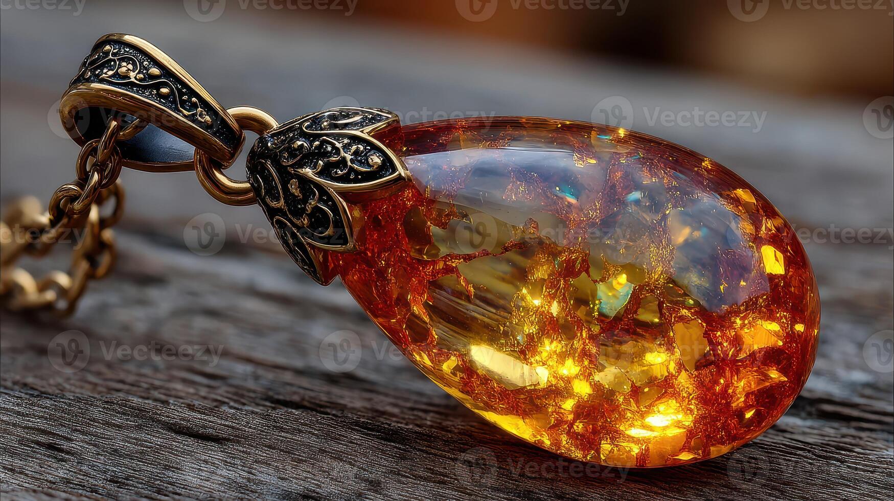 Beautiful amber pendant jewelry piece displayed on wooden surface with intricate details and natural glow photo