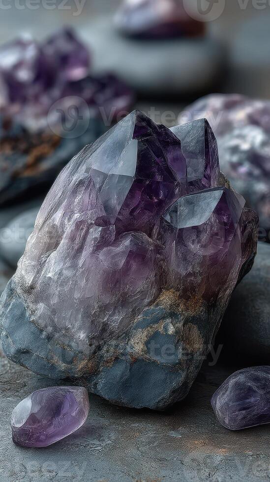 Beautiful amethyst crystal cluster on gray stones in natural light showcasing rich purple hues in a serene setting photo