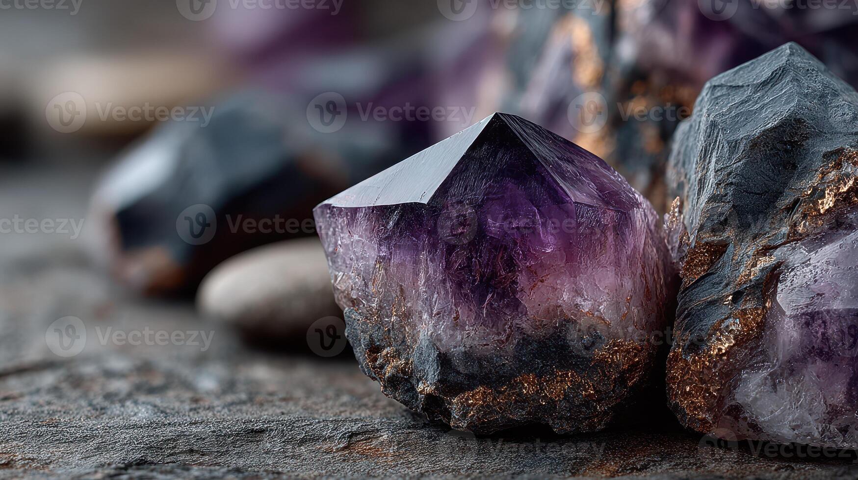 Stunning display of amethyst and quartz crystals on a textured surface during natural light photo