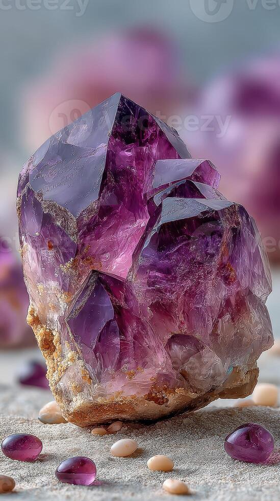 Natural amethyst crystal cluster resting on soft sandy surface with sparkling smaller stones around it photo