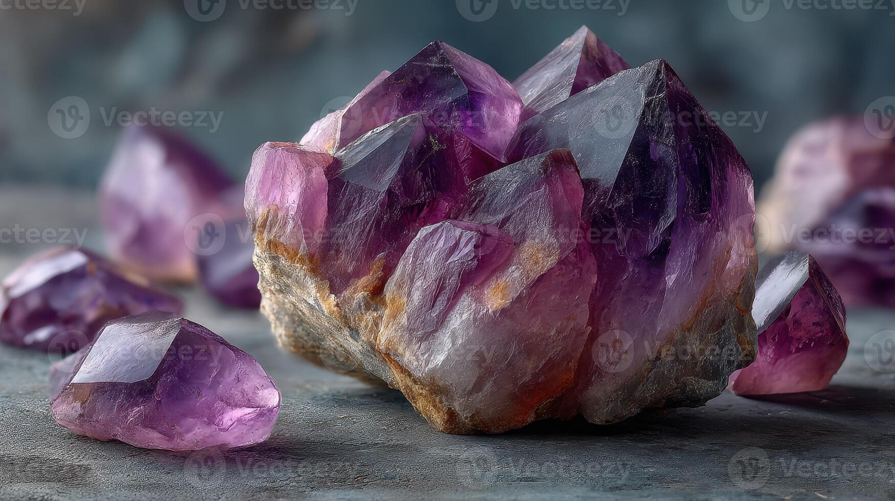 Amethyst crystal cluster surrounded by smaller crystals on a textured surface photo