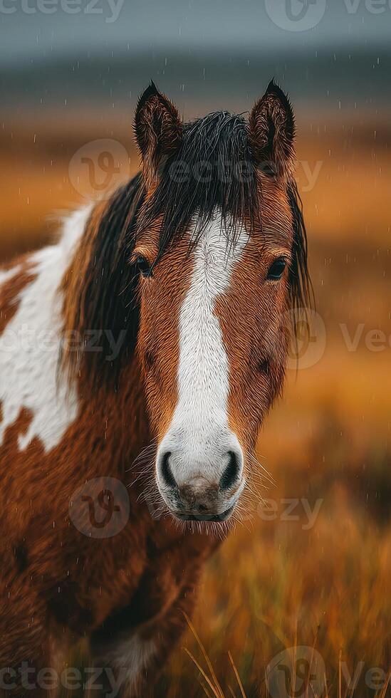 Wild horse stands gracefully in a golden field under a cloudy sky during a rainy day in nature photo
