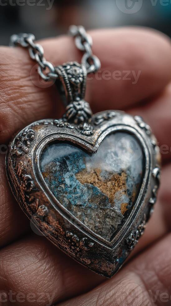 Heart-shaped pendant features intricate design and natural stone, showcasing beautiful colors and textures in detailed close-up photo