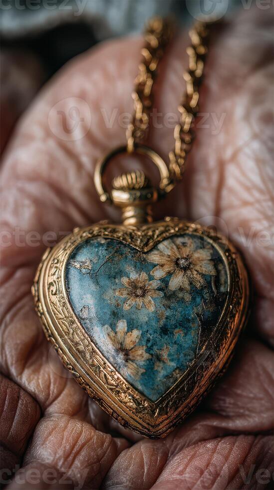 Vintage heart-shaped locket with floral design held in weathered hands showcasing intricate details and sentimental value photo