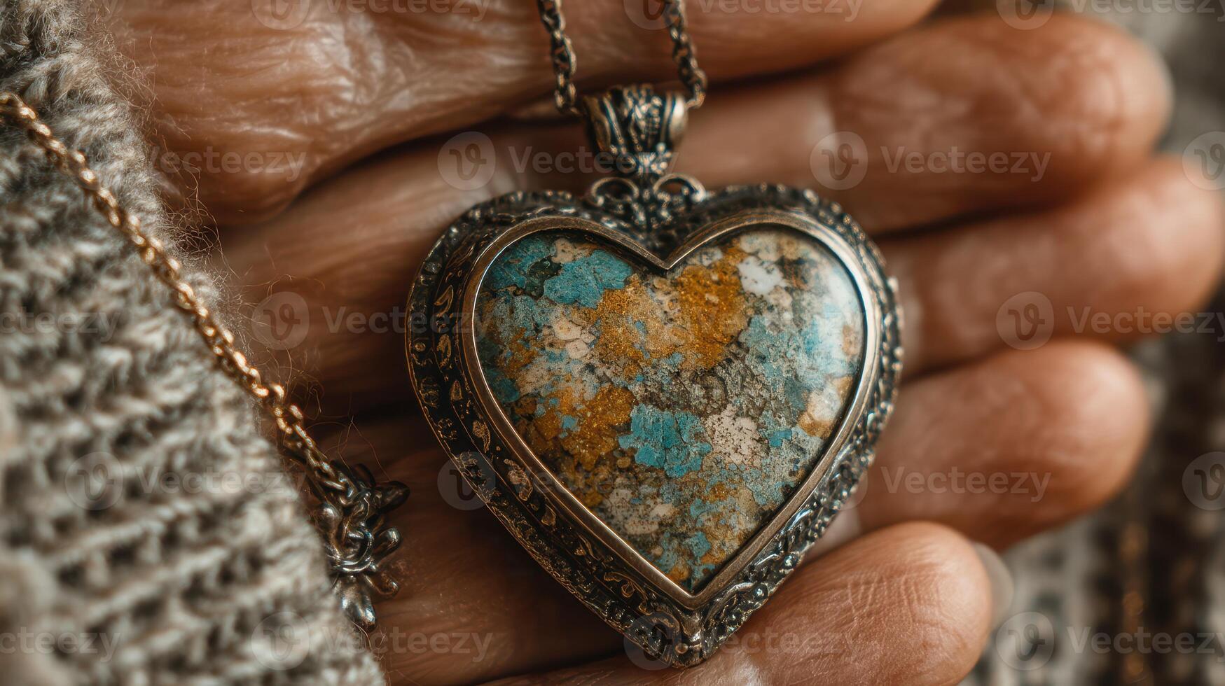 Heart-shaped pendant held by aged hands showcasing intricate colors and patterns in natural stone photo