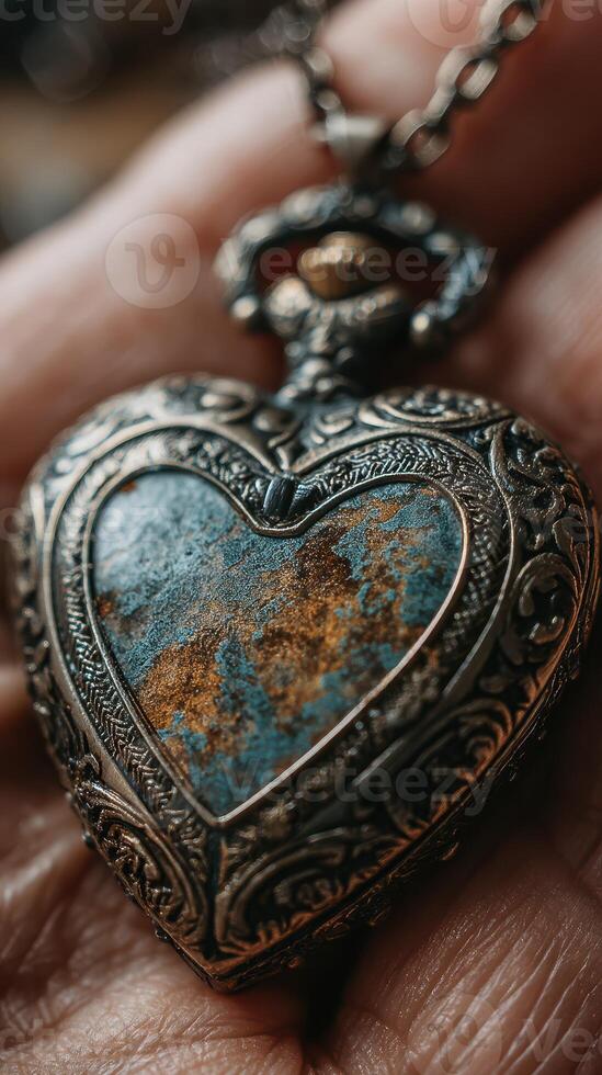 Antique heart-shaped locket with intricate details resting in a hand, showcasing its worn beauty and history photo