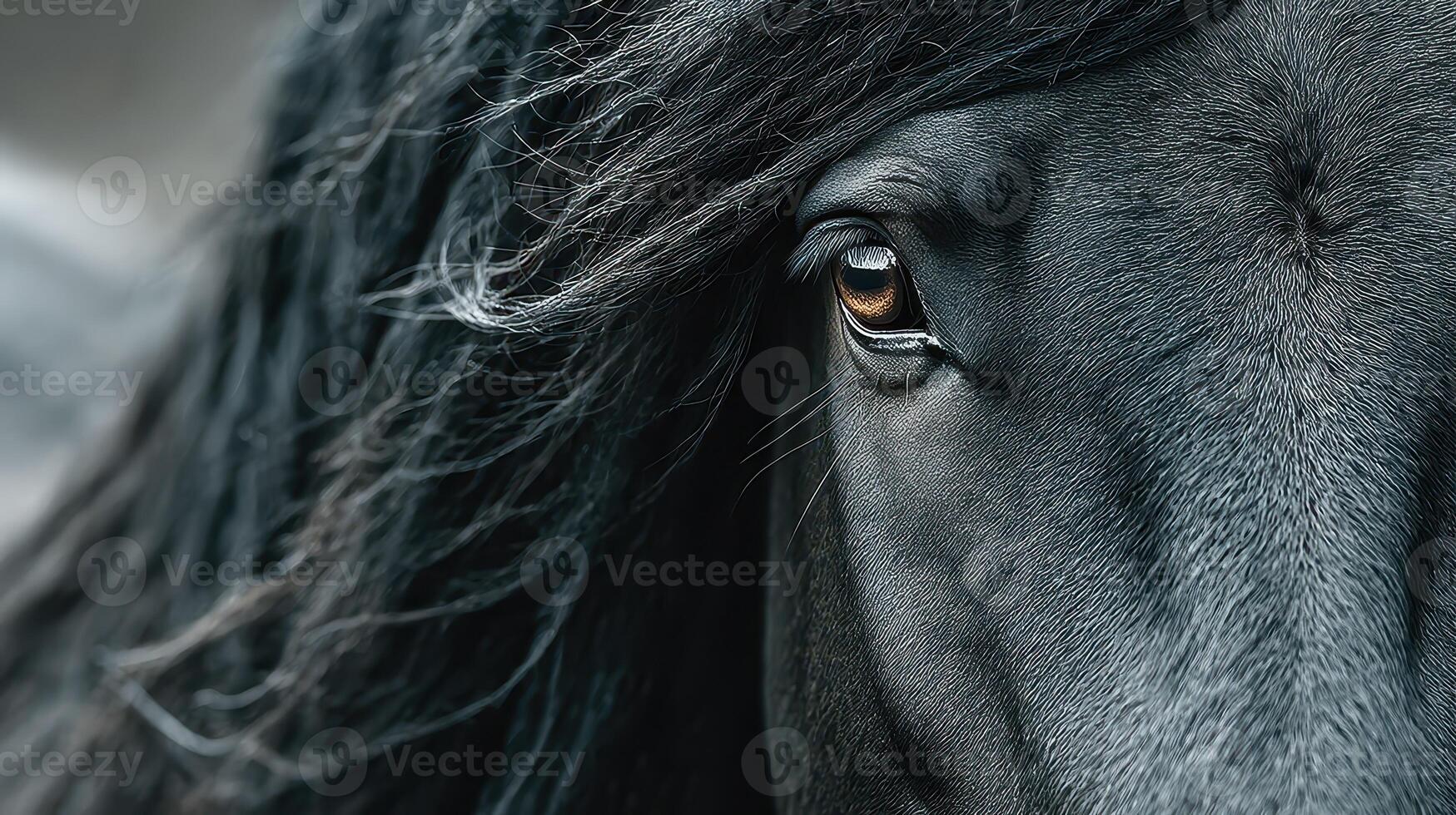 Majestic black horse with flowing mane showcasing expressive eye in close-up portrait photo