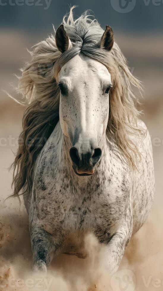 Grey horse running through sandy landscape under a clear sky during the late afternoon photo