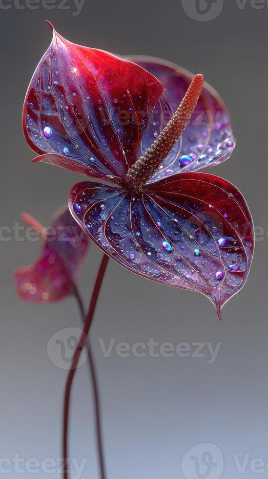 Vibrant red flowers with water droplets reflecting light in a studio setting during the afternoon photo