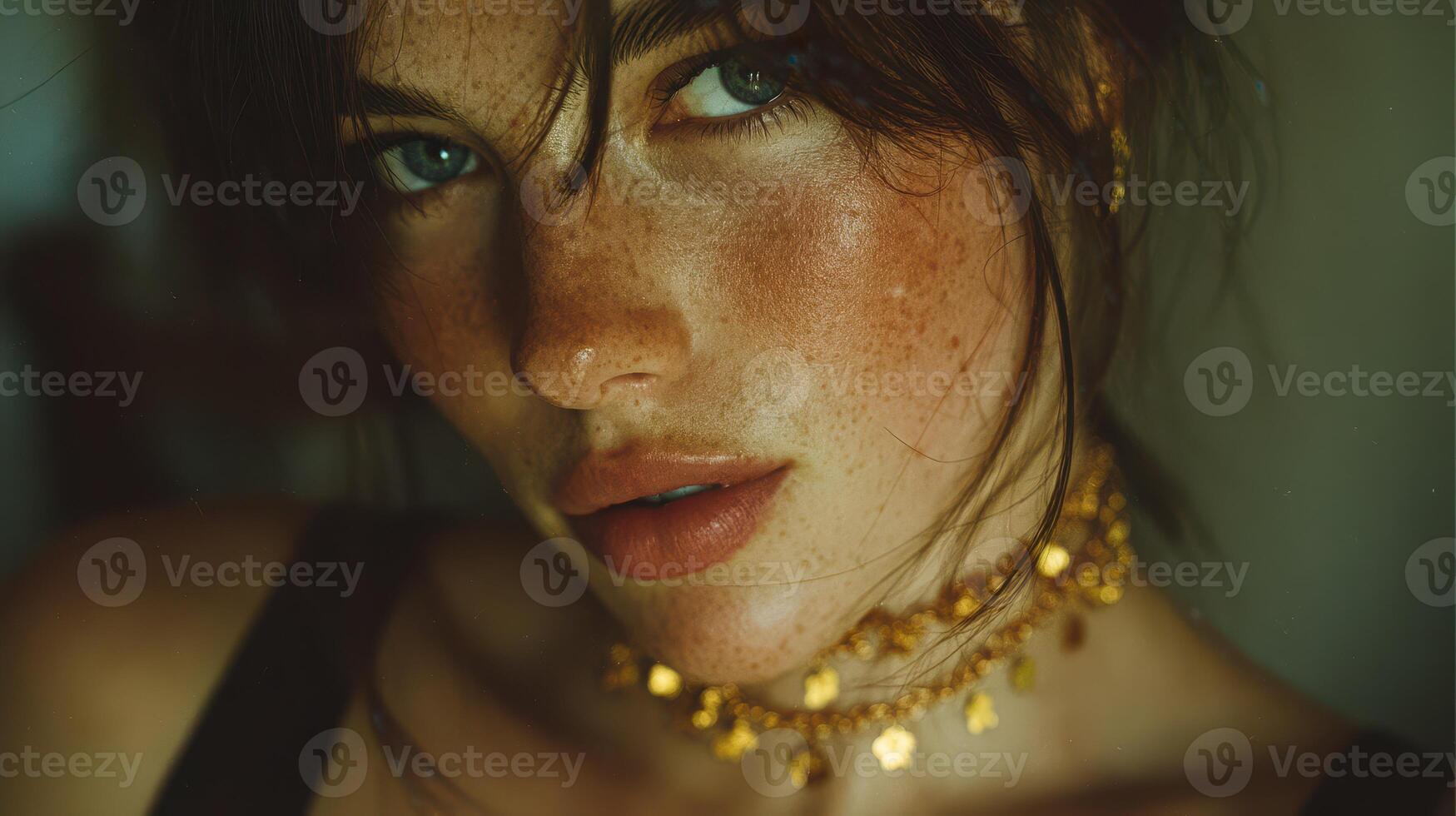 Portrait of a woman with striking freckles and golden jewelry captured indoors in a soft light setting photo