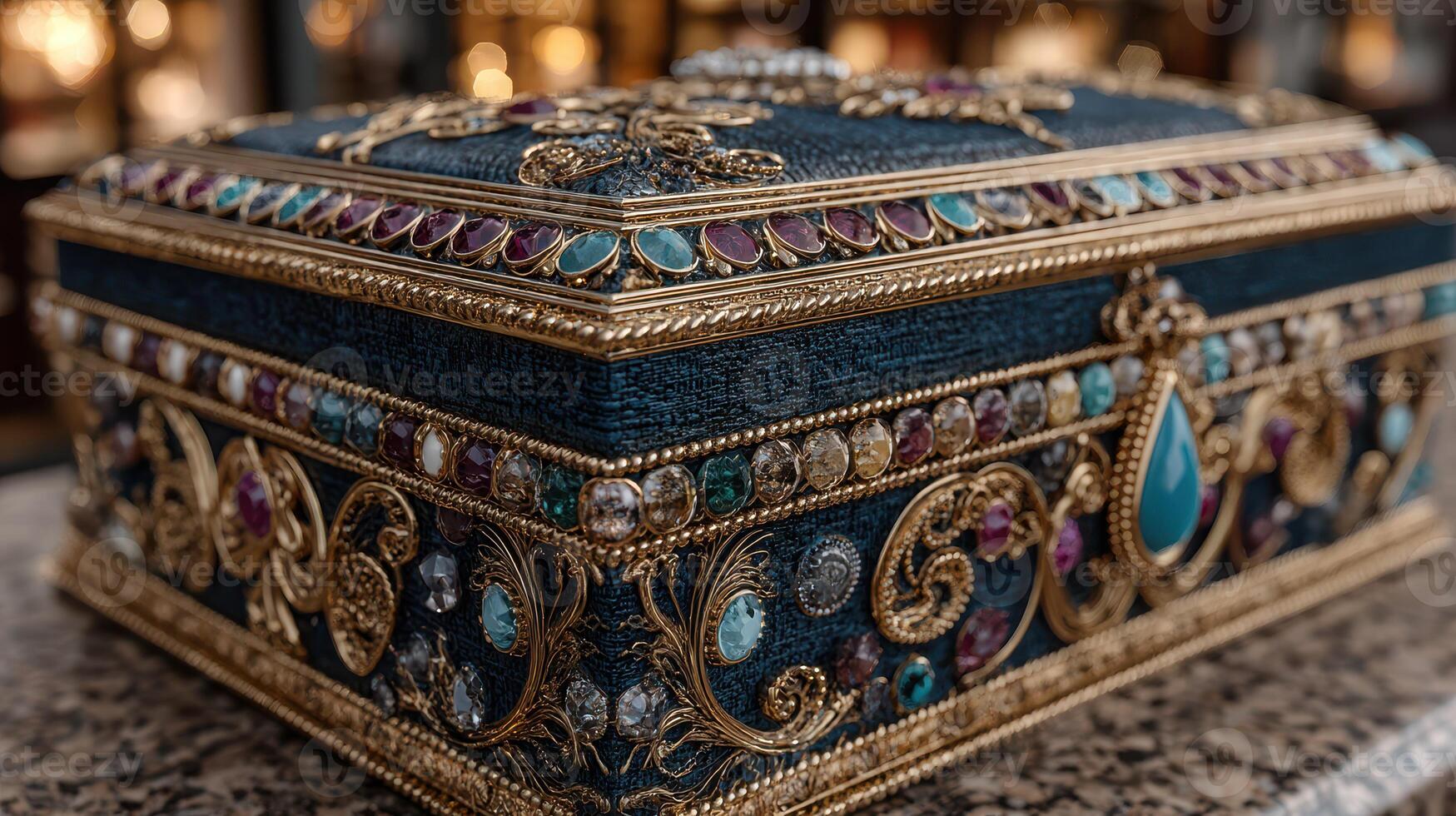 Intricately designed decorative treasure chest with colorful jewels on display in a luxurious setting photo