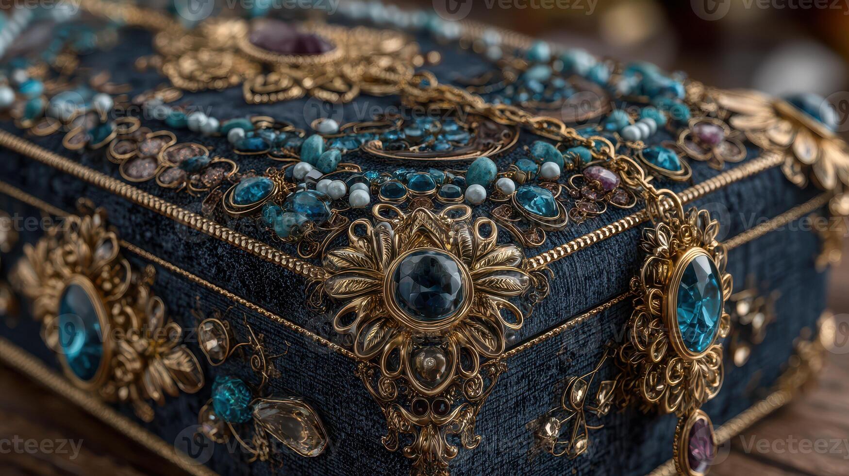 Elaborate antique jewelry box adorned with blue gems displayed on a wooden table in soft lighting photo
