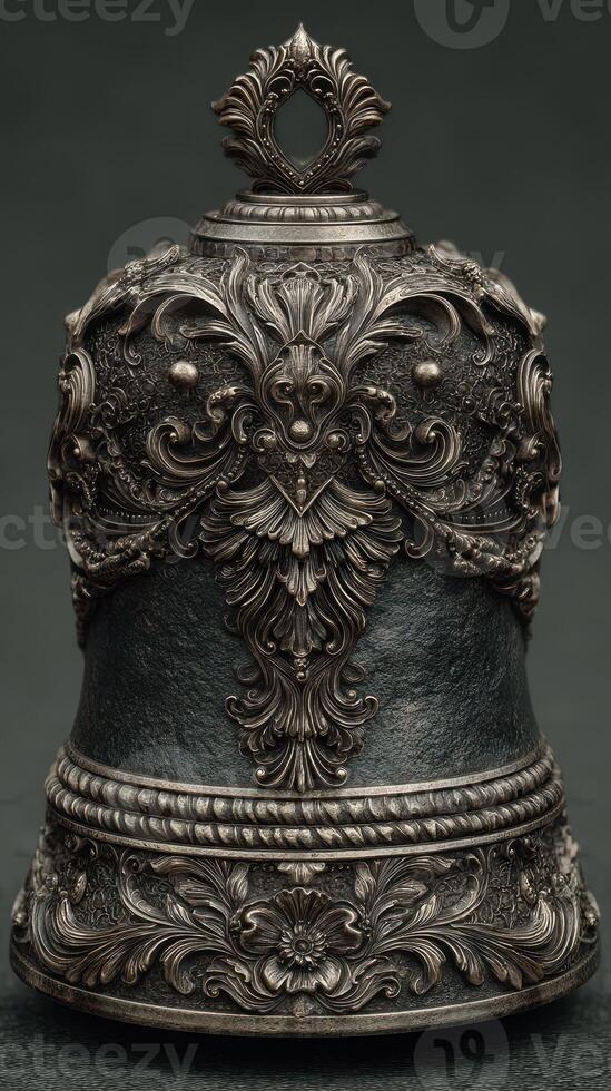 Ornate silver bell with intricate floral and scroll design on a dark background photo