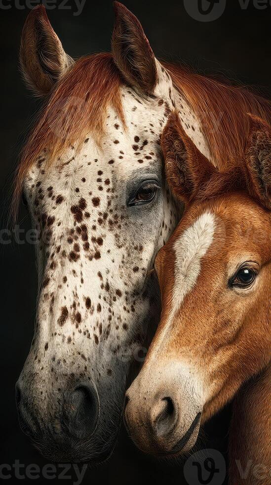 Beautiful horses interact closely with their young foal in a serene setting showcasing their bond and charm photo