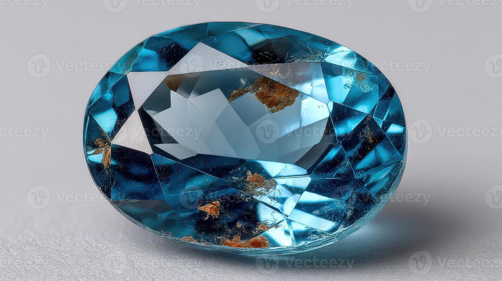 Stunning blue gemstone displaying intricate facets, showcasing natural imperfections and sparkling reflections of light photo