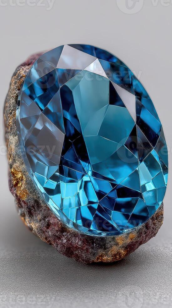 Beautiful blue gemstone set on a textured rock background highlighting its brilliance and sparkle photo