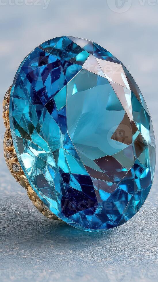 Stunning blue gemstone ring showcasing intricate cut and gold detailing with a soft textured background photo