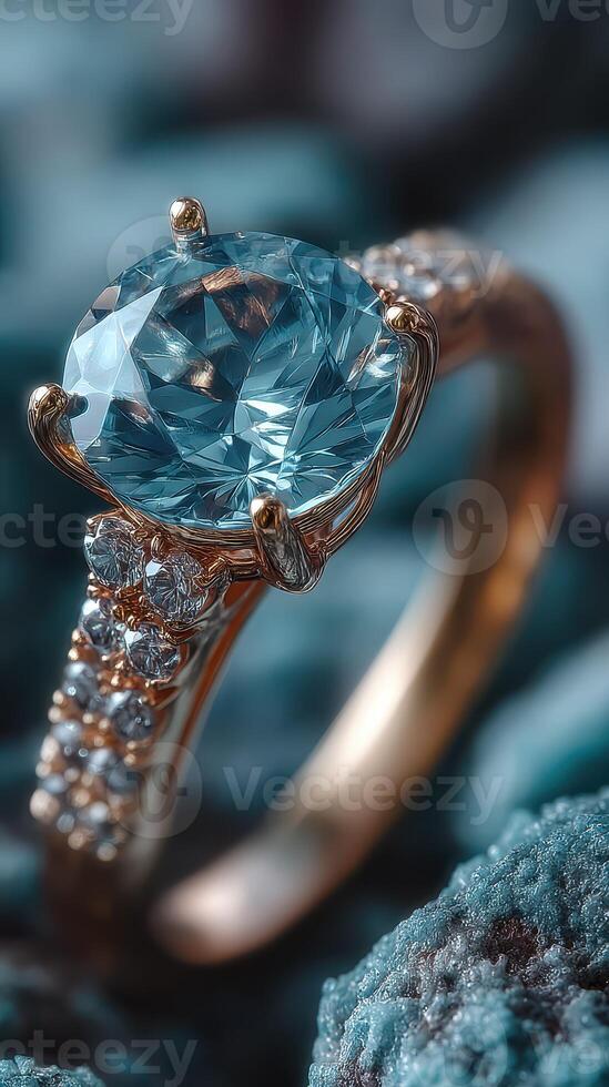 Stunning blue gemstone ring with intricate gold band and sparkling accents set against a textured surface photo