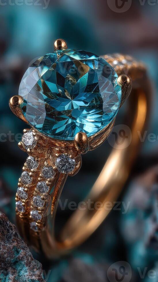 Exquisite golden ring with large blue gemstone and diamond accents on textured surface photo