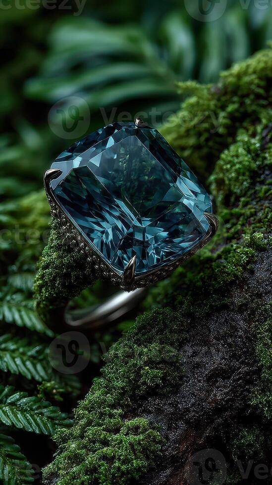 Stunning deep blue gemstone ring nestled in lush green moss amidst natural surroundings photo