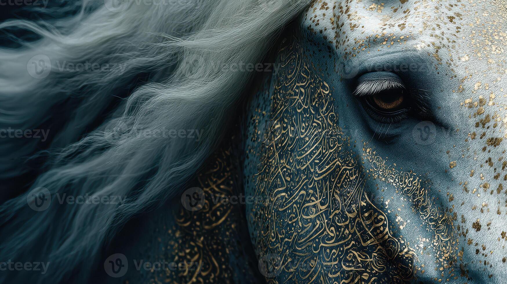 Majestic blue horse adorned with intricate golden calligraphy stands gracefully in soft light photo