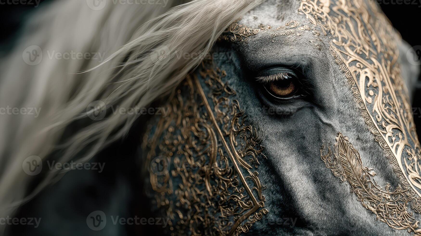 Majestic horse adorned with intricate golden designs captured close-up in a dark setting photo