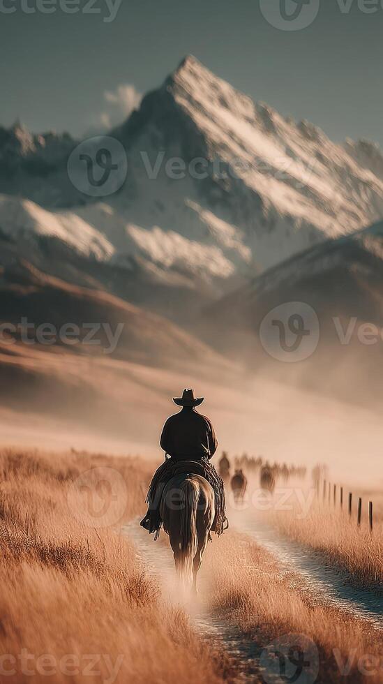Horseback riders journey through a misty valley with mountains in the background during golden hour in the early morning light photo