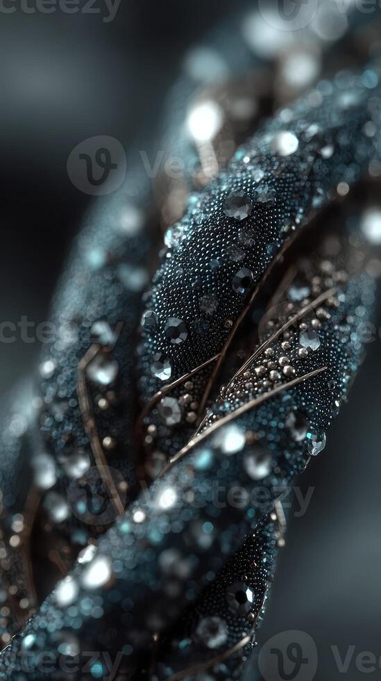 Intricate design of tightly woven metallic threads adorned with glimmering jewels and droplets of water on a dark background photo