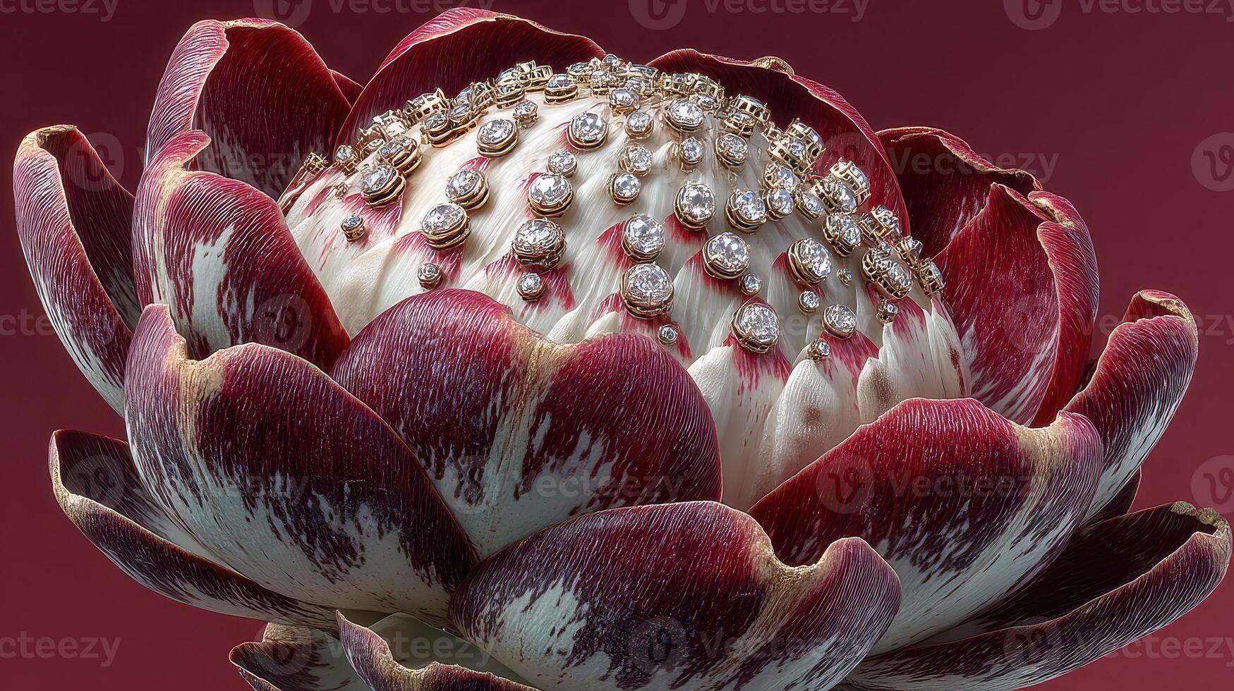Unique floral composition featuring intricate diamond designs on a deep red background with detailed petal textures and colors photo