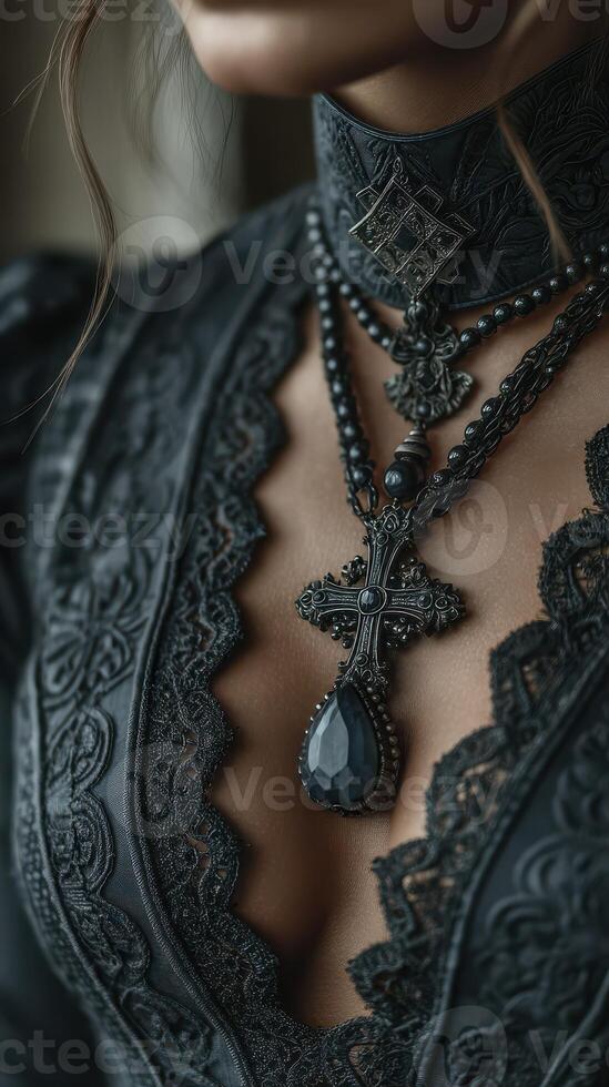 Intricate black gothic necklace worn with an elegant lace dress in a softly lit setting photo