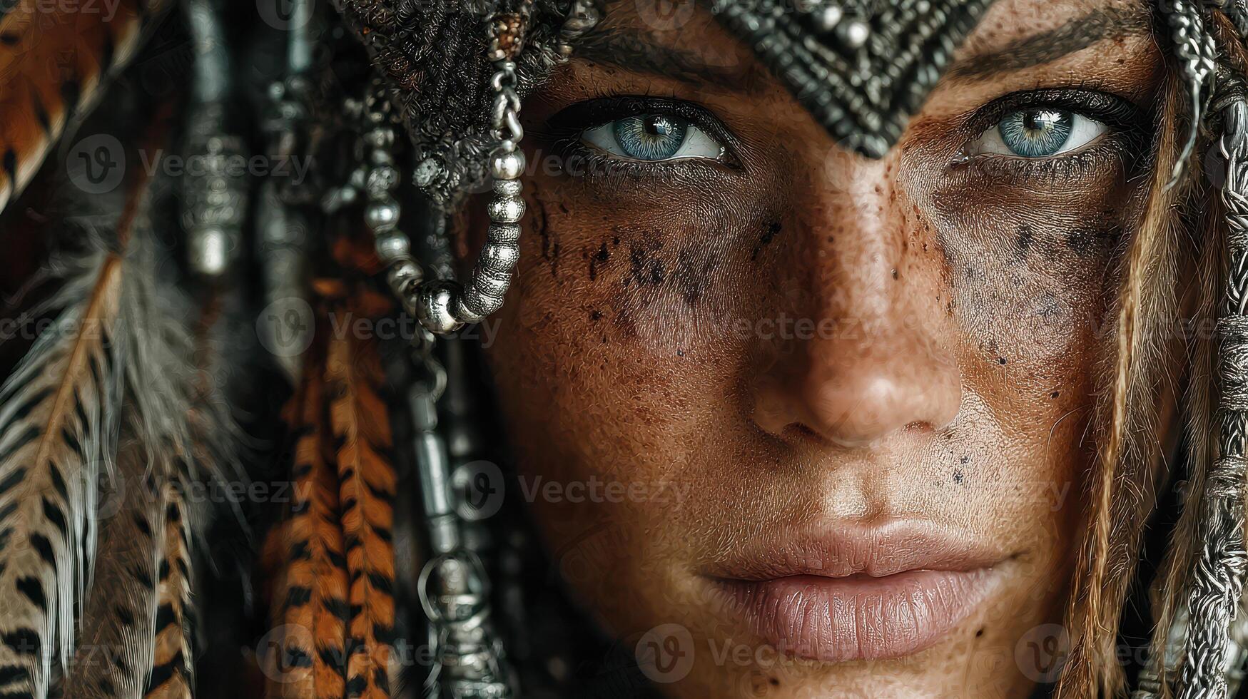 Portrait of a woman adorned with feathers and tribal jewelry, highlighting cultural expression and natural beauty in a close-up setting photo