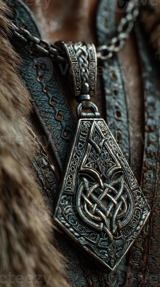 Intricate silver pendant with Celtic design worn by a character in a detailed medieval setting photo
