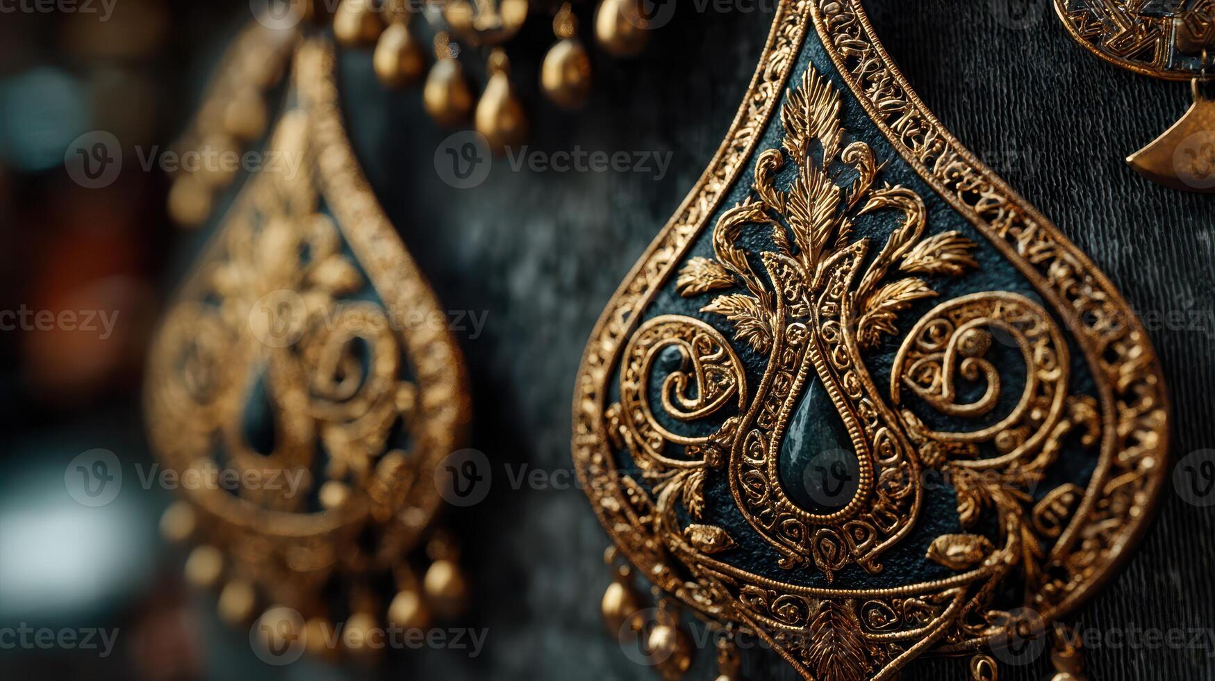 Intricate gold embroidery displayed on rich fabric in a vibrant market during the late afternoon photo