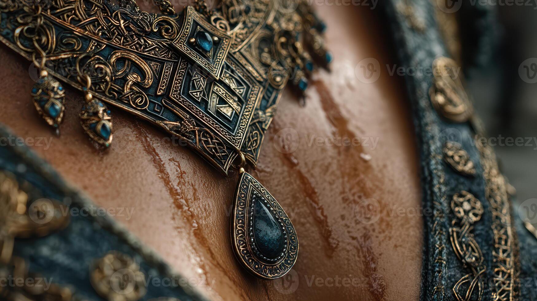 Elegant jewelry adorns a finely crafted garment in a stunning display of artistry and cultural heritage photo