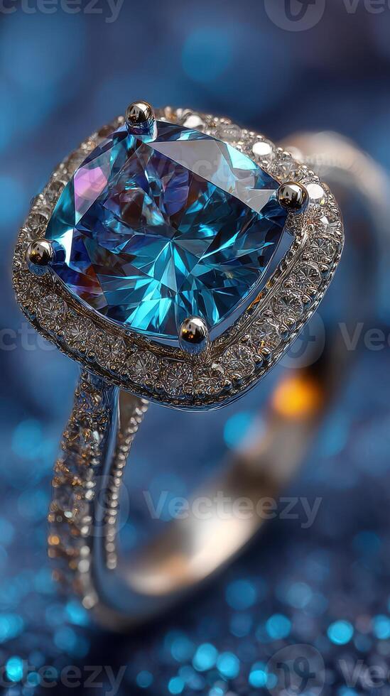Elegant blue gemstone ring with intricate details set against a shimmering blue background photo