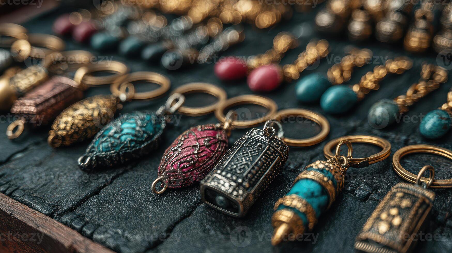 Handmade jewelry displayed on a dark wooden surface showcasing intricate designs and vibrant colors photo