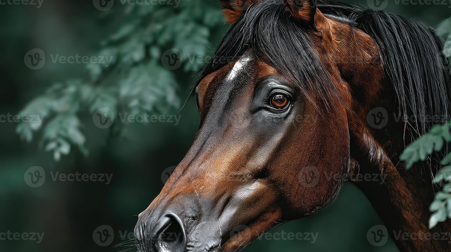 Majestic brown horse gazing through green foliage in a serene forest setting during the early morning hours photo