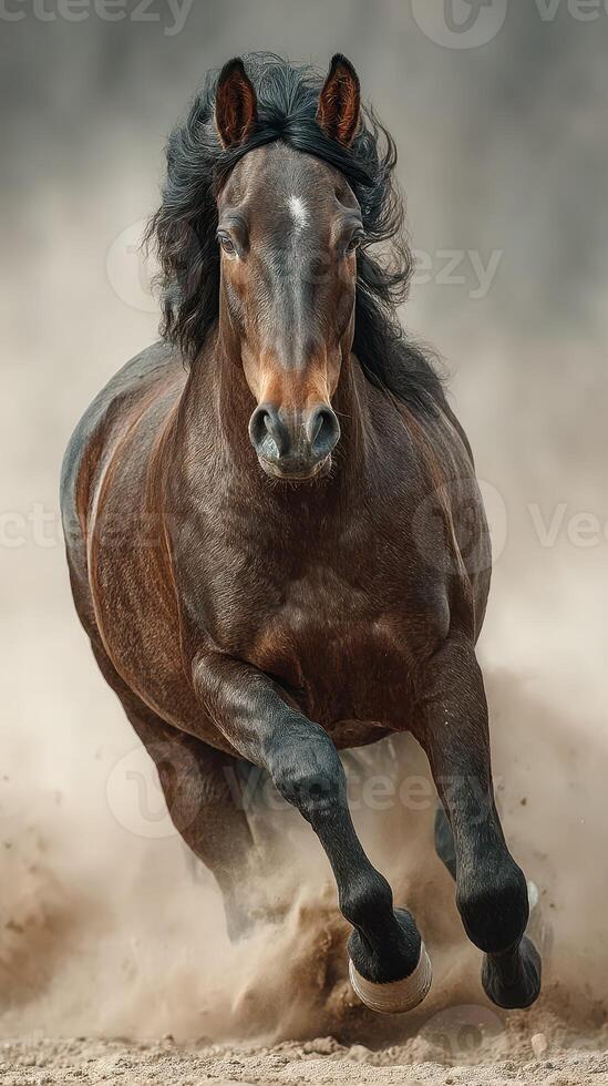 Powerful black horse galloping through dusty terrain in a dramatic display of strength and speed photo
