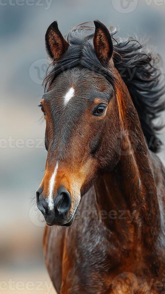 Majestic brown horse running in a rural setting during golden hour with a gentle breeze flowing through its mane photo