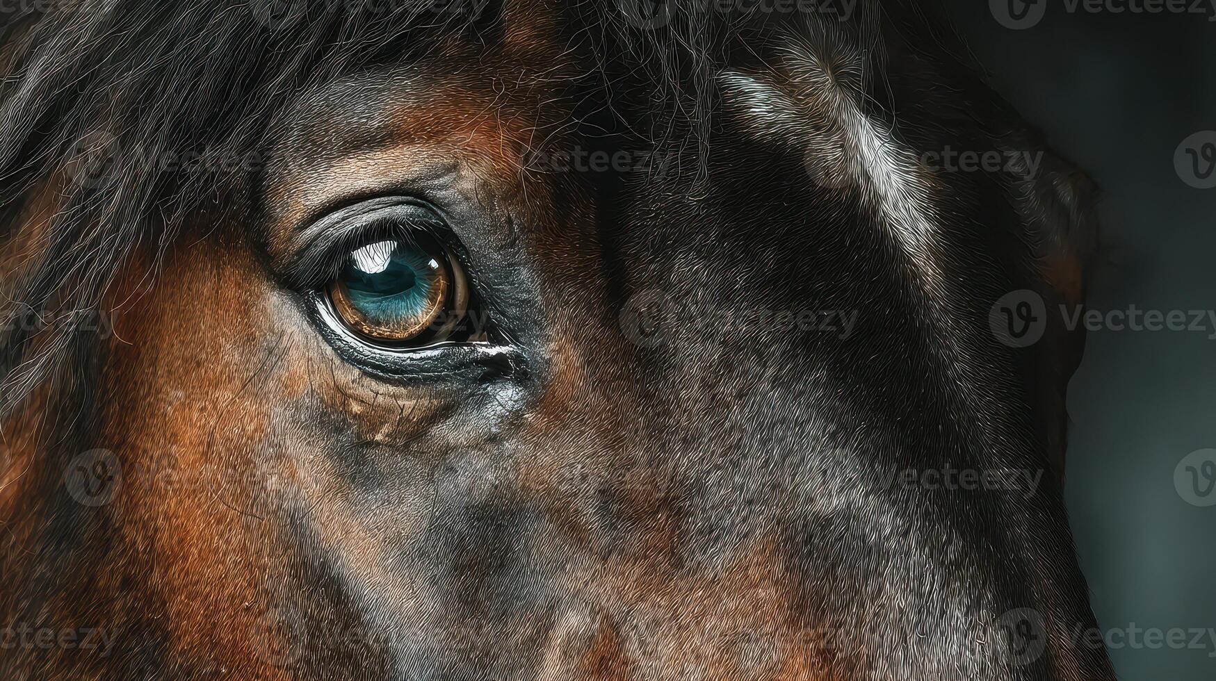 Captivating close-up view of a horse's eye showcasing its intricate details and striking blue color photo