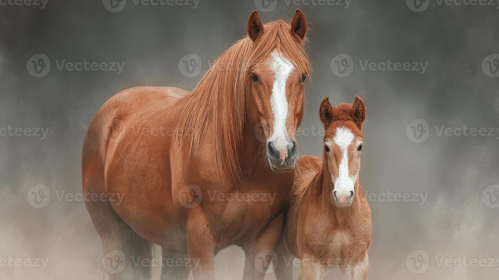 Horses standing together in a misty field during daylight, showcasing a mare and her foal photo