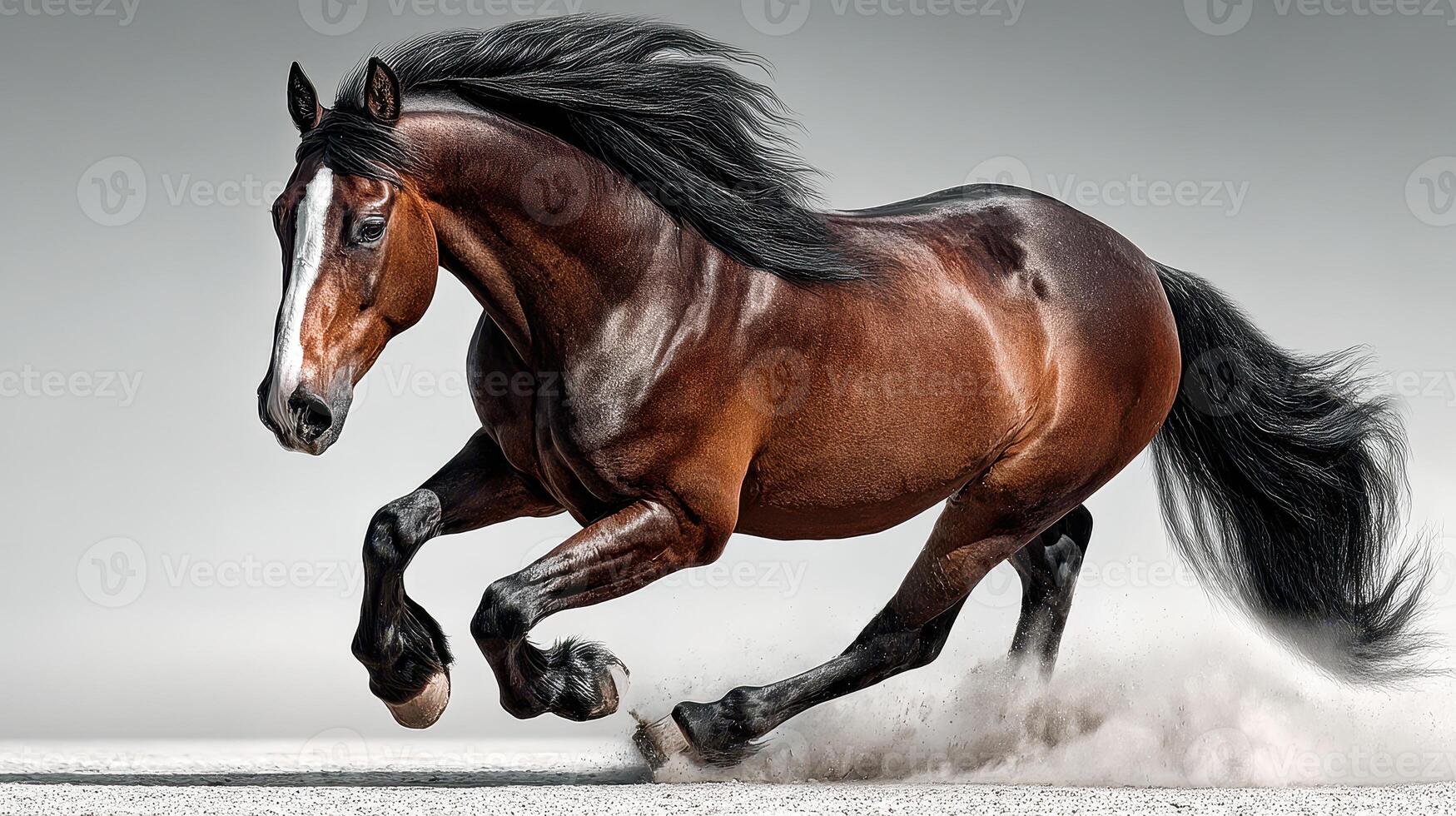 Majestic brown horse runs freely on sand under bright light while kicking up dust in an artistic setting photo