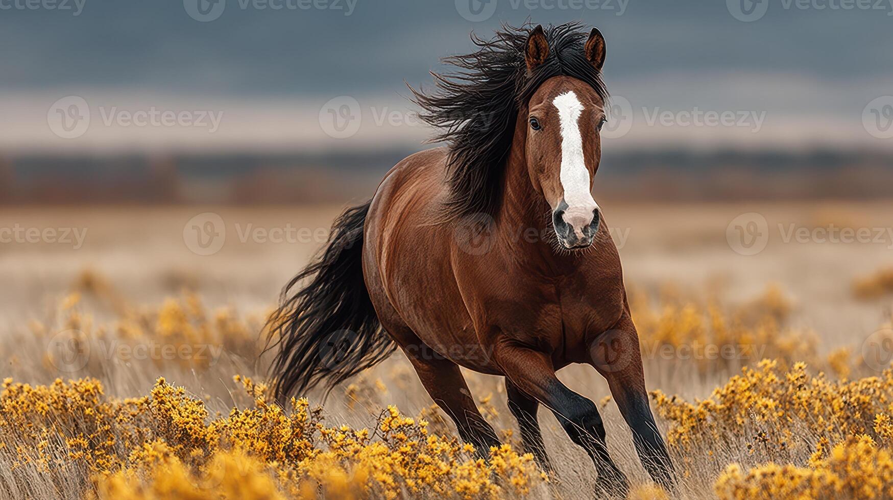 Brown horse running through yellow wildflowers on an open field during a cloudy day photo
