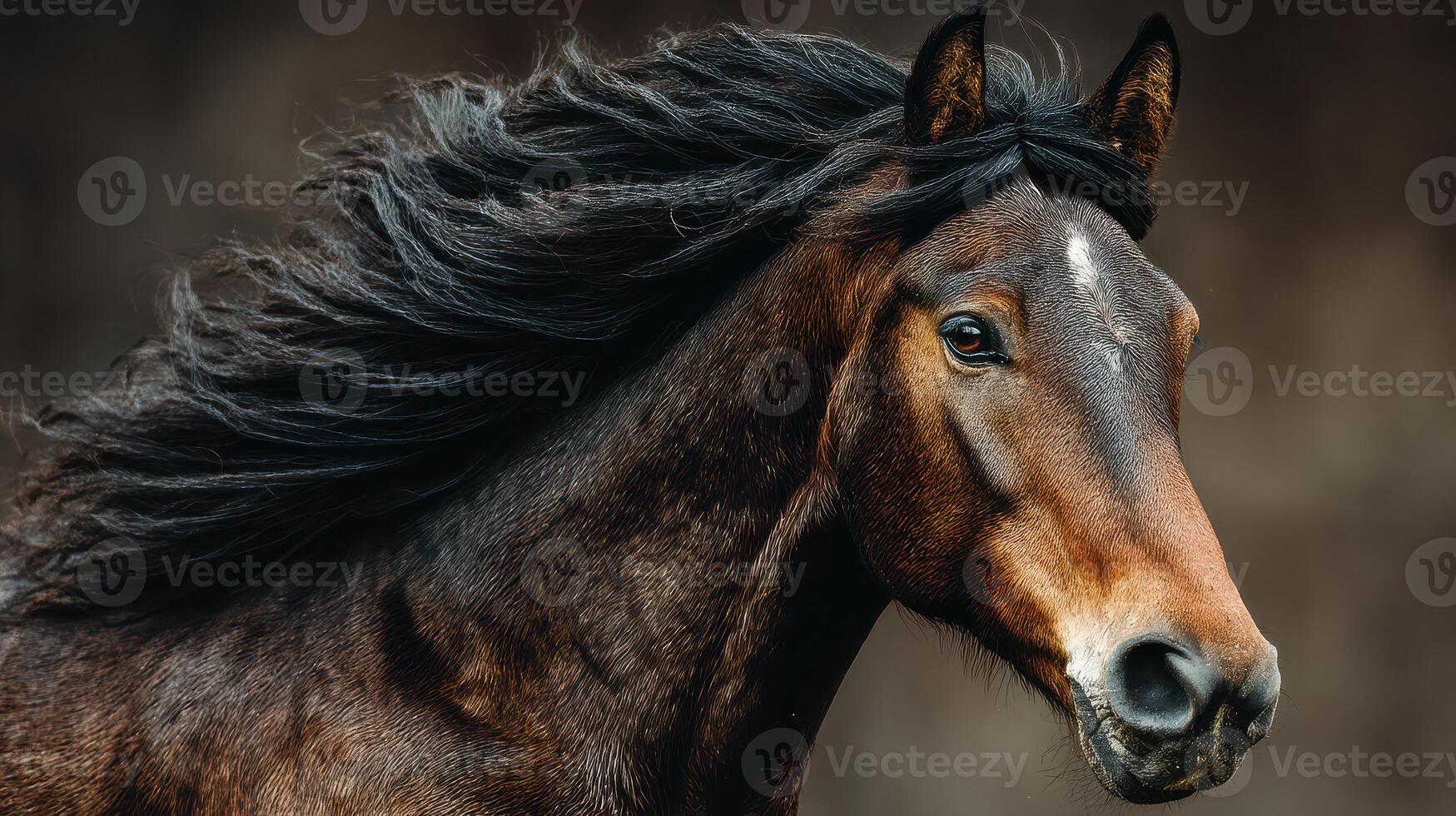 Majestic horse with flowing mane captured in soft light in an outdoor setting photo