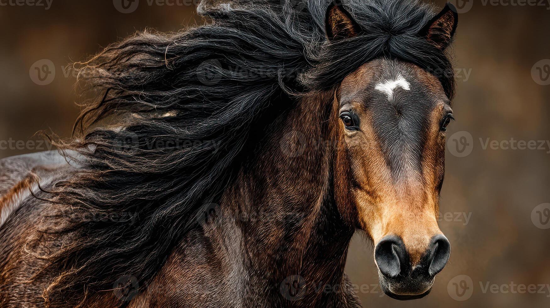 Majestic horse with flowing mane standing proud in a natural setting during golden hour photo