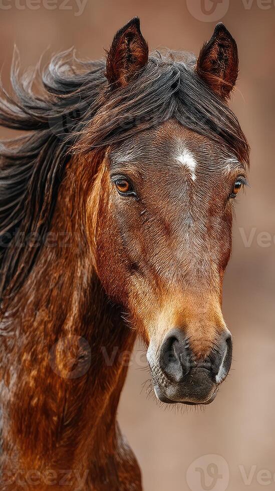 Brown horse standing majestically with flowing mane against a neutral background in natural light during the day photo