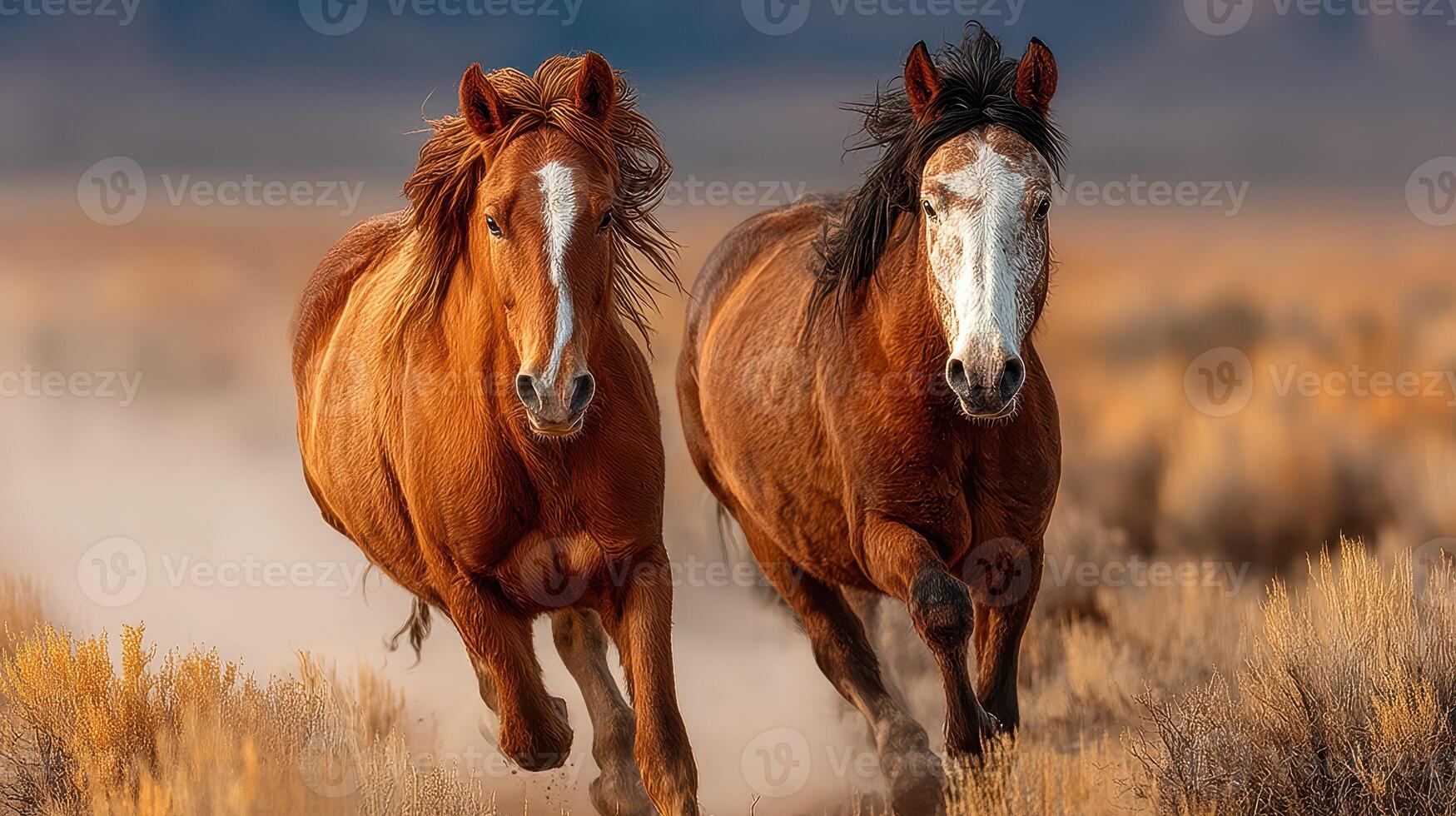 Wild horses galloping across the open plains during golden hour in a stunning natural landscape photo